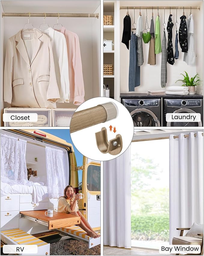 Supforce Closet Rods for Hanging Clothes, 17 to 99 Inches Stepless Adjustable Metal Closet Rod, 1.3 Inches Heavy Duty Clothes Hanging Rod for Closet Wardrobes Laundry RV(Wood Grain)