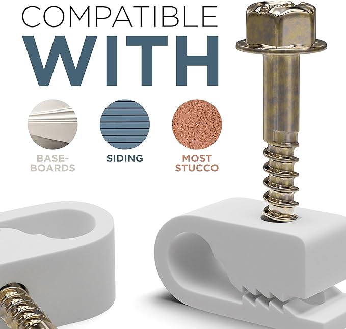 THE CIMPLE CO Single Cable Clips with Screws - 1/4 Inch Coaxial Cable Clamps Outdoor - Exterior Cord Management for Coax, CAT Ethernet, Electrical Wire - Screw Clamps for Wires - 100 PCS, White