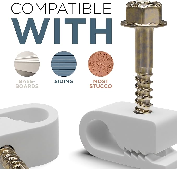 THE CIMPLE CO Single Cable Clips with Screws - 1/4 Inch Coaxial Cable Clamps Outdoor - Exterior Cord Management for Coax, CAT Ethernet, Electrical Wire - Screw Clamps for Wires - 50 PCS, White