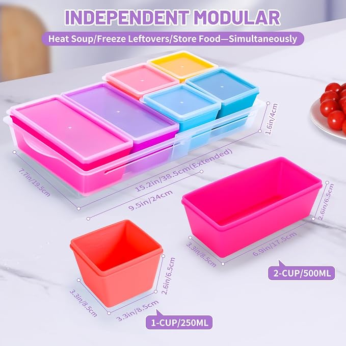 Gemice Silicone Freezer Molds with Lids, 6-Pack 1-Cup & 2-Cup | Oven & Dishwasher Safe, BPA-Free Soup Portion Cubes Trays, Freezer Containers for Food Storage