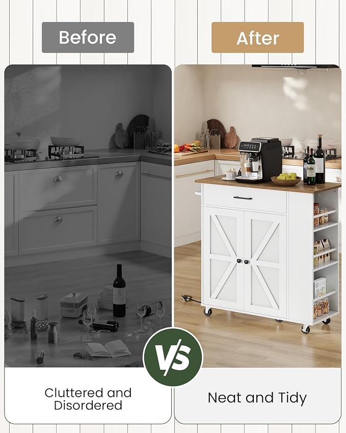CHOEZON Kitchen Island Cart with Storage, Bar Cart with Charging Station, Kitchen Island on Wheels, Rolling Mobile Table with Cabinet, 3 AC Outlets, White and Walnut MZD04UWL