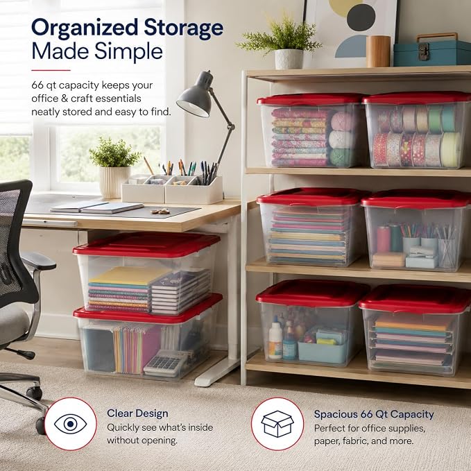 66 Quart Clear Plastic Storage Container with Latch Lid, Red, 6 Pack | Clear Base & Lid, Secure Red Latches, Recessed Stacking, 66Qt Capacity, BPA-Free Plastic