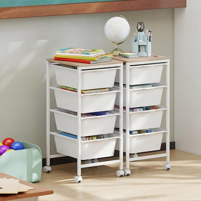 GOFLAME 4-Drawer Rolling Storage Cart, Craft Storage Cart with Wooden Tabletop and Lockable Wheels, Art Cart Supply Storage Organizer with Metal Frame for Home Office Classroom, White