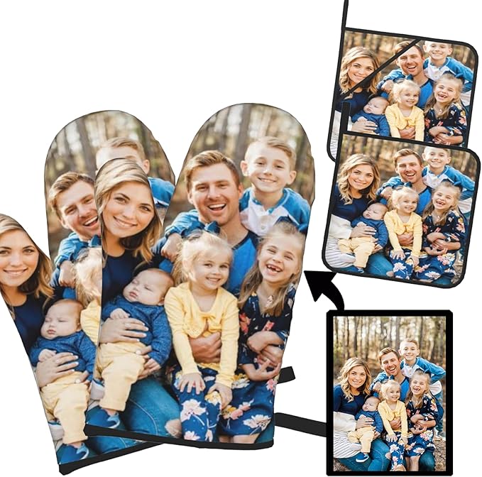 Custom Oven Mitts and Pot Holders Personalized with Your Picture Text, Baking Gifts for Women for Kitchen Cooking, BBQ, Grillin-Style3, 2 Oven Mitts+ 2 Pot Holders