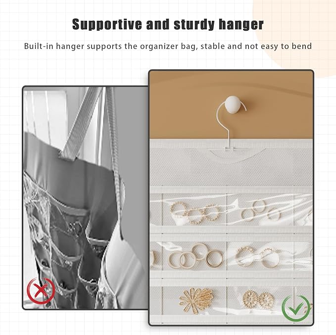 2-Pack Hanging Jewelry Organizer 80-Pocket Dual-sided Jewelry Storage for Jewelry Earring Necklace Bracelet Ring Storage Travel Holder, White | Foldable clear PVC 80-pocket storage; swivel hook fits walls, doors & rods to organize earrings, necklaces, ...