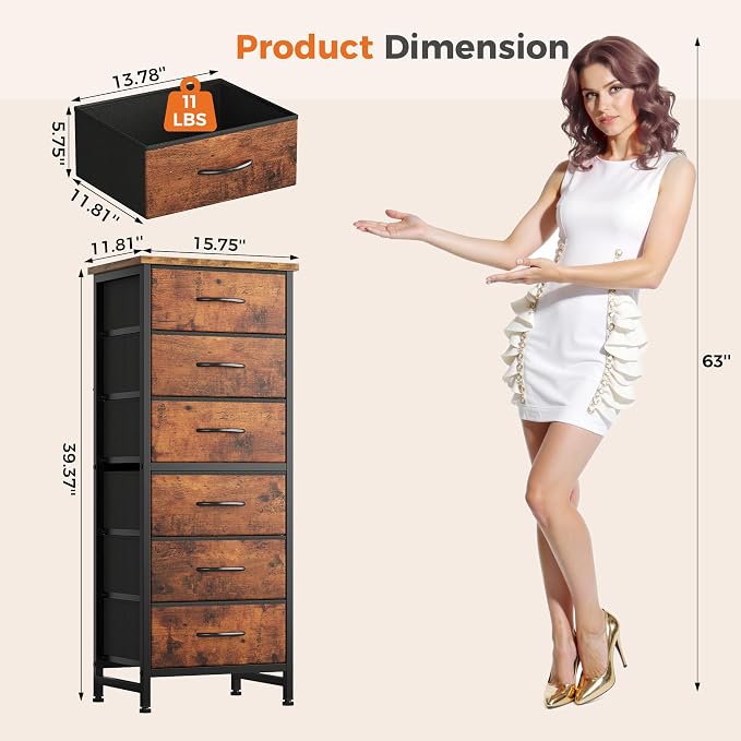 Sweetcrispy Tall Fabric Dresser for Bedroom, 6 Drawer Skinny Chest of Drawers, Narrow Storage Tower with Wood Top and Metal Frame, Vertical Nightstand for Closet, Bedroom Organization Furniture, Brown