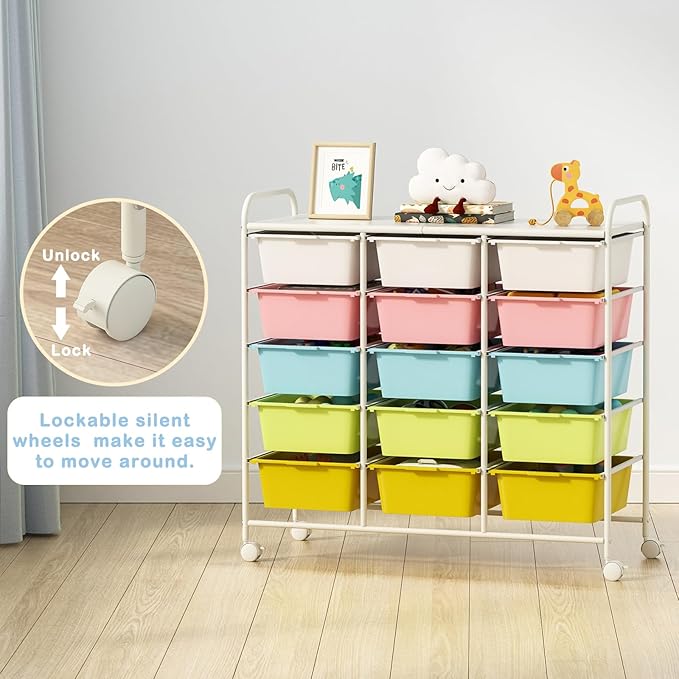 Ytaoka 15 Drawers Rolling Cart With Wheels, Plastic Storage Drawer With Metal Frame, Multipurpose Art Craft Organizer, Utility Cart for Home, Office, School, Multicolor