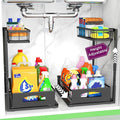 Under Sink Organizer, 2 Pack Height-Adjustable Cabinet Organizer with Slide-Out Bottom Drawer, Fits Around Pipes, Heavy-Duty Metal Storage for Kitchen and Bathroom, Black (Black, 2 Pack)