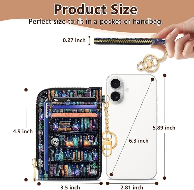 GIANCOMICS Slim Wallet Credit Card Holder Women, Goth Bookshelf Rfid Blocking Small Card Case, Keychain Thin Pocket Curved Zipper Wallet, Travel Card Holder PU Leather ID Window, Ladies Female Gifts