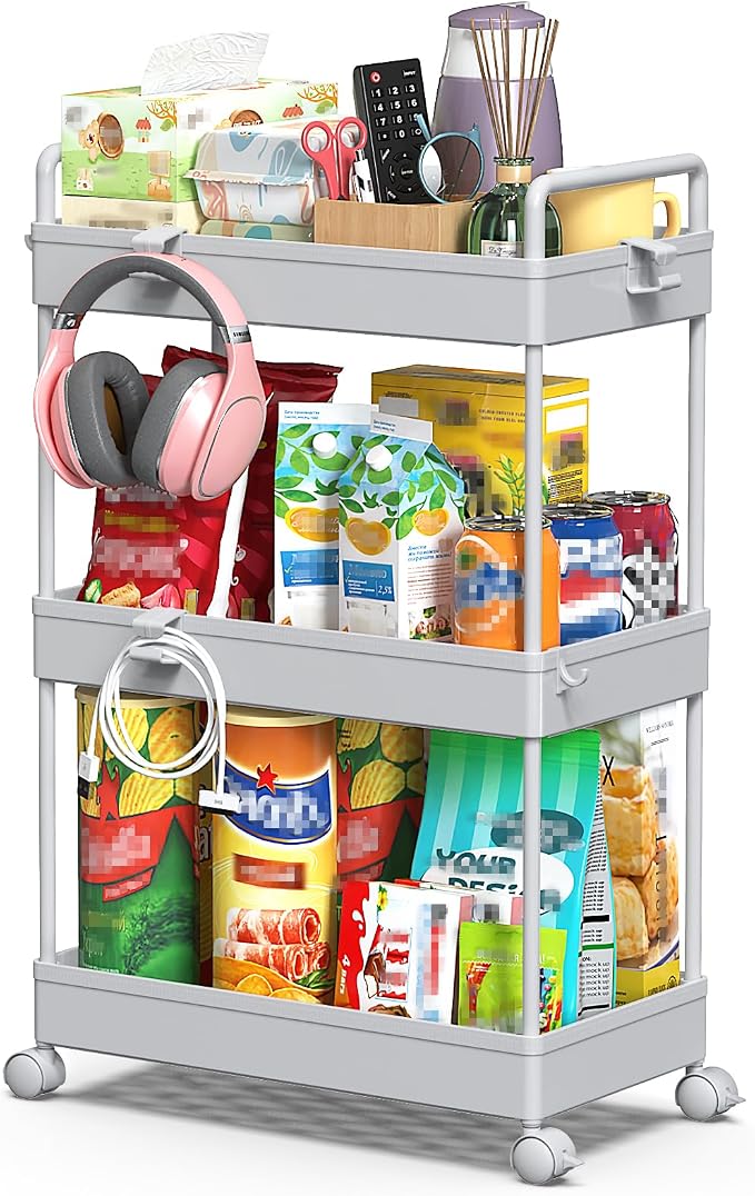 SOLEJAZZ 3 Tier Slim Rolling Storage Cart Organizer with Wheels, Gray | Utility cart for bathroom, laundry, bedside, dorm&narrow spaces. Fits craft, nail, makeup, snack, art, diaper&baby essentials