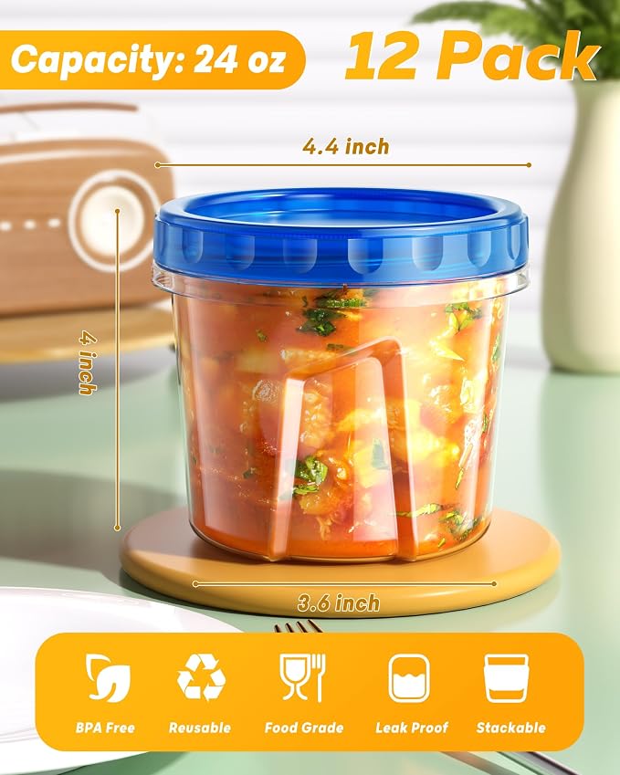 BiuLeon 12 Pack-24 oz Freezer Storage Containers, Airtight Twist Top Lids Food Containers for Soup Leftover Lunch Fruit Salad,BPA Free, Reusable, Stackable