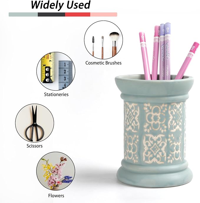 Printed Pencil Holder, Cute Pen Holder for Desk, Ceramic Carved Cylinder Pencil Holder, Office Decoration Container Islamic Style(Blue)