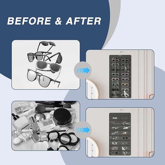 Hanging Sunglasses Organizer and Storage, 32 Slots Jewelry Holder, Gray | Protect eyewear from dust with double-sided clear compartments; roof design hangs on wall, door or closet for home/RV travel.