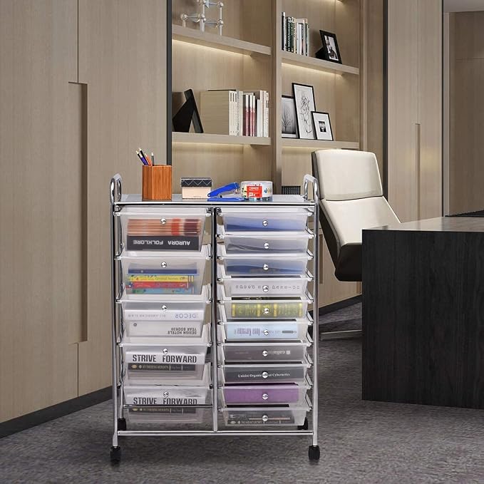 Moccha 15-Drawer Rolling Storage Cart - Under Desk Storage Drawers with wheels for Craft Art Supply Paper Salon, Scrapbook Paper Tools, Mobile Utility Cart for Classroom (15 Drawers, Clear)