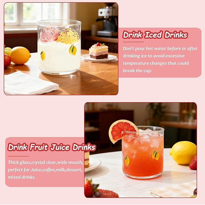 14 Ounce Icon Juice Glasses, Aesthetic Cocktail & Old Fashioned Drinking Glasses, Iconic Clear Glass Cups for Women, Sister, Friend & Party Gifts (Lemon)