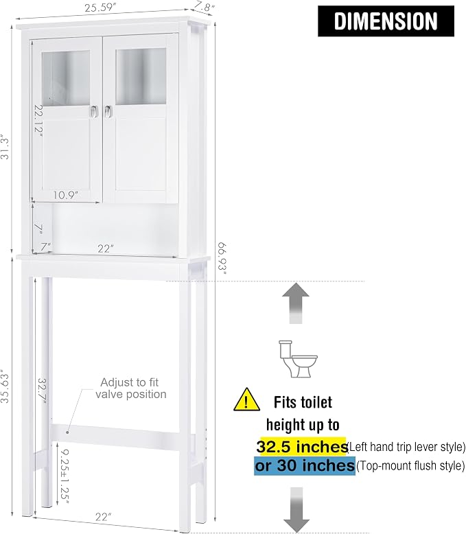 Spirich Bathroom Over the Toilet Storage Cabinet with Glass Doors, White | Toilet Organizer with Adjustable Shelf, Anti-tipping Device, Wood, Elegant Modern Design, Space Saver for Tight Spaces