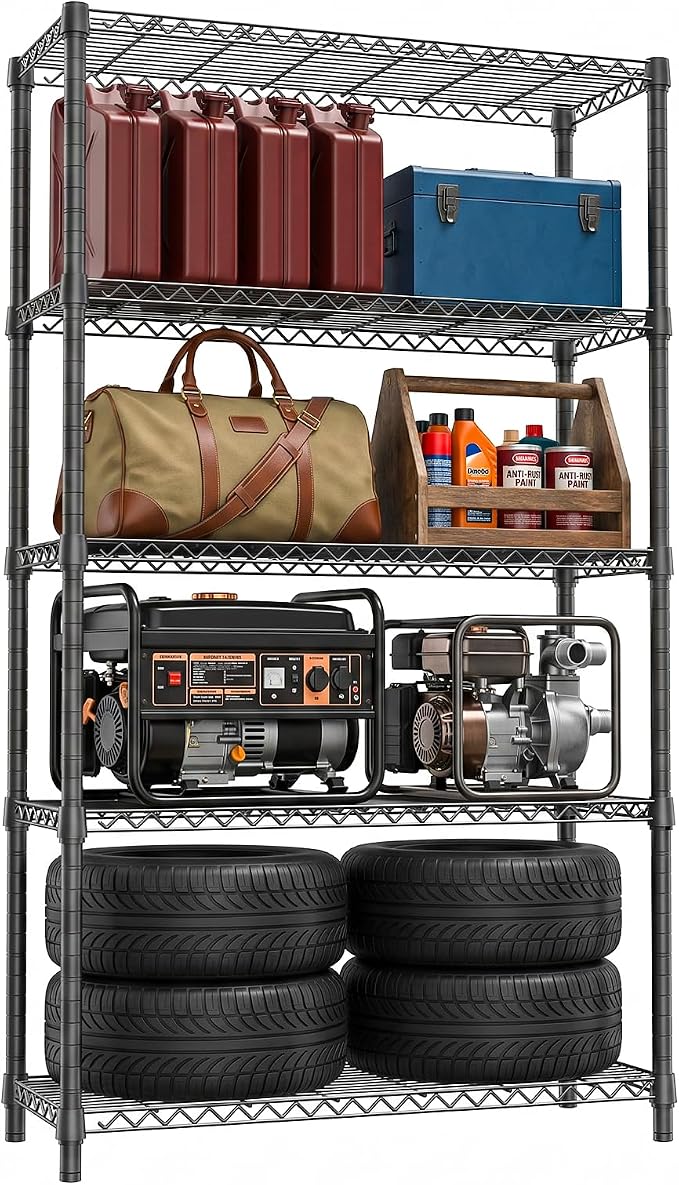 Heavy Duty Wire Rack Shelf, Metal Storage Shelving for Kitchen and Garage | 5-Tier 15.7" D X 45.3" W X 70.9" H Black Metal Storage Shelving Unit, 1250 LBS Wire Shelf for Pantry, Office Organization