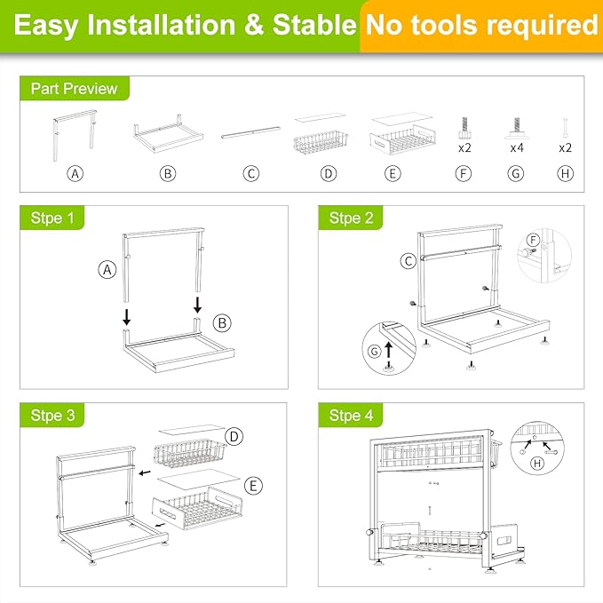 2 Pack Under Sink Organizer and Storage,Pull Out Cabinet Organizer 2 Tier Slide Out Sink Shelf Cabinet Organizer Adjustable Metal Under Counter Organizers for Kitchen Bathroom Organization（White）