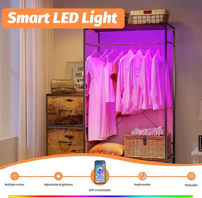 Clothing Rack with Fabric Drawers & LED Lights, 39.4W*57H Dresser with Hanging Rack, Free Standing Wardrobe Closet with Shelves, Closet Organizer with Drawers for Bedroom, Small Space, Apartment