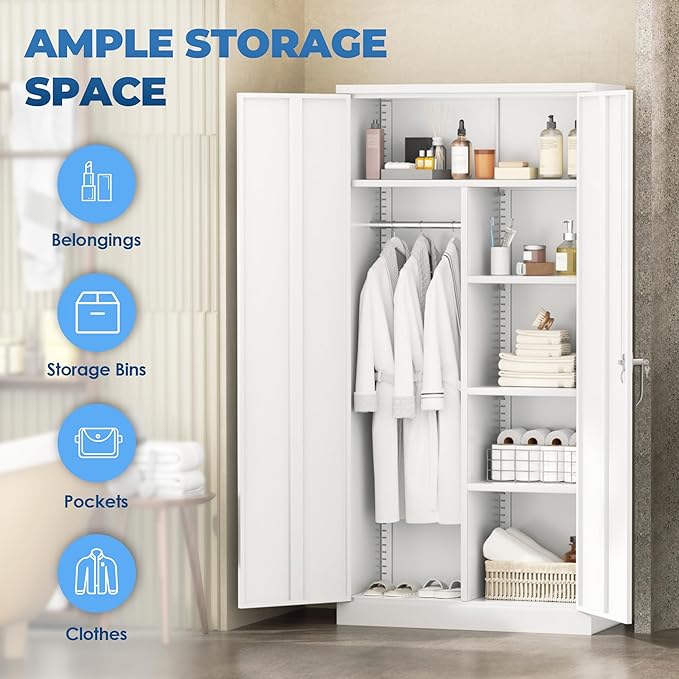 INTERGREAT 72”Tall Metal Wardrobe Cabinets with Lock,Clothing Storage Cabinets with Hanging Rod and 4 Adjustable Shelves，Closet for Home Living/Laundry Room/Department (White)
