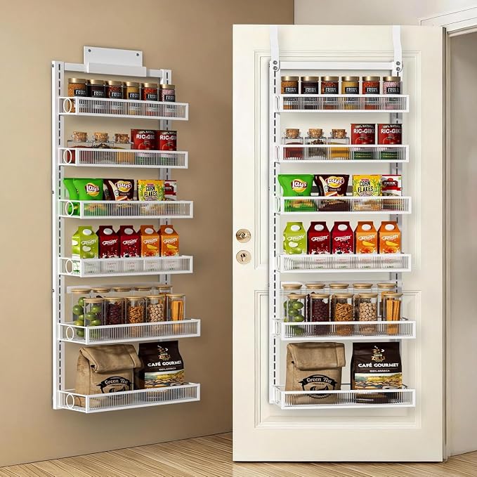 Over the Door Pantry Organizer 6 Tiers Hanging or Wall Mounted Spice Rack with Adjustable Basket,Heavy Duty Metal Seasoning Organizer Shelf for Kitchen Pantry and Bathroom
