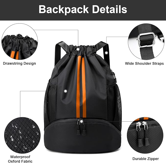 Hoedia Sports Drawstring Backpack - Swim Gym Bag for Women and Men | String Bag with Shoes Compartment and Wet Proof Pocket, Adjustable Wider Shoulder Strap, For Soccer, Basketabll, Volleyball