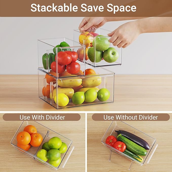 Clear Plastic Storage Bins with Dividers for Fridge Pantry Organizers and Storage Containers, 6 Pack Large Acrylic Stackable Sturdy Storage Boxes for Home Edit and Cabinet Organizers C6-4