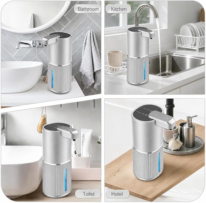 Automatic Soap Dispenser, Foaming Soap Dispenser Touchless with Continuous Dispensing, 4-Level Adjustable, Rechargeable Hand Soap Dispensers, Wall Mounted or Countertop for Bathroom & Kitchen