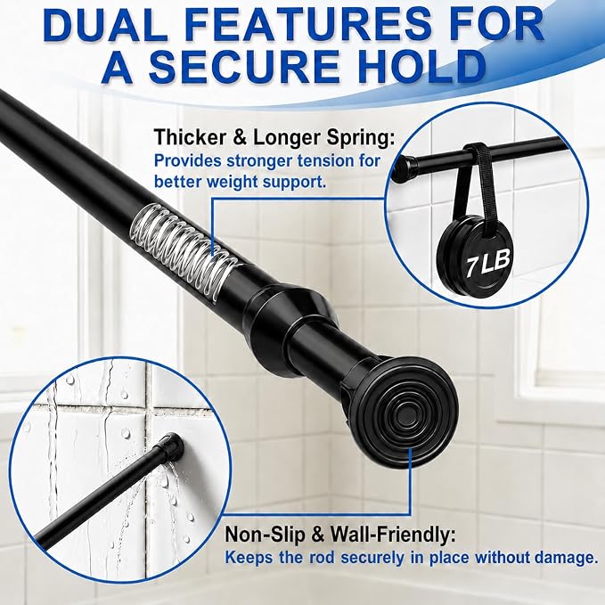 2 Pack Tension Curtain Rod 15.7-28 Inch, Small Short Adjustable Extendable Spring Loaded Rods for Windows Cabinet Blinds Closet Bedroom Kitchen Bathroom Door No Drilling, Black