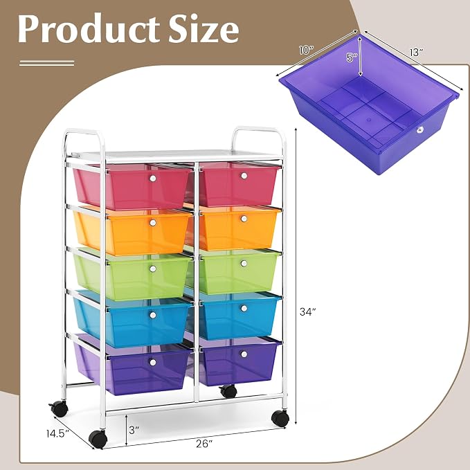 COSTWAY 10 Drawer Rolling Storage Cart, Utility Cart with Lockable Wheels | Mobile Art Supply Craft Organizer with Metal Frame, Multipurpose Drawer Cart for Paper for Office, School, Rainbow
