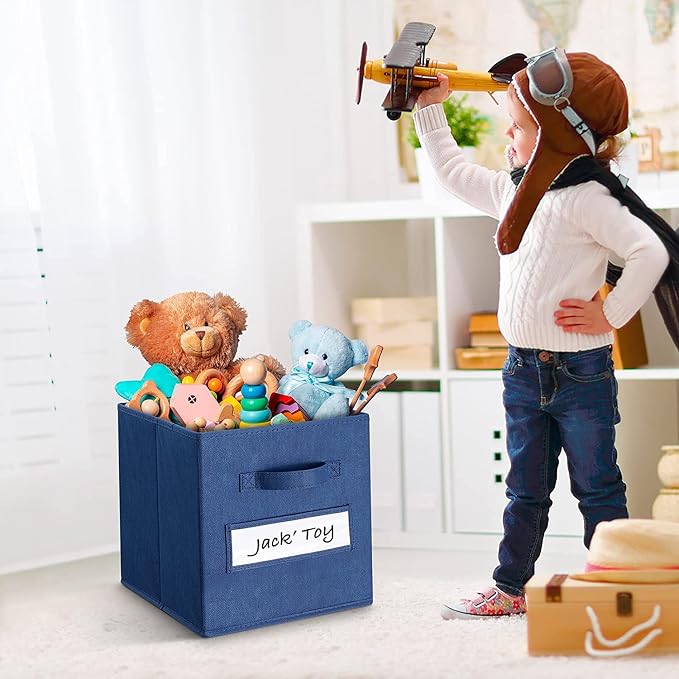 13x13x13 storage cube bins(Set of 8) Fabric storage cubes with 8 Labels Window Cards & a Pen, storage cubes 13x13, Collapsible 13 inch cube storage bins, Cubby Boxes, Navy Blue