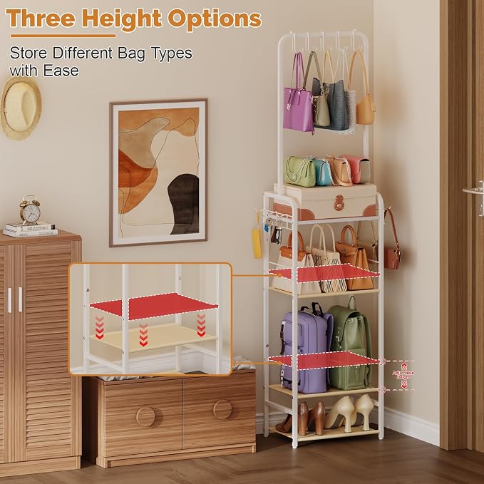 Tall 5-Tier Purse Organizer for Closet with 5 Purse Hanger, Large Purse Rack Stand with 6 Side Hooks, Adjustable Handbag Organizer Shelf, Space-Saving Narrow Purse Storage Organizer for Small Place