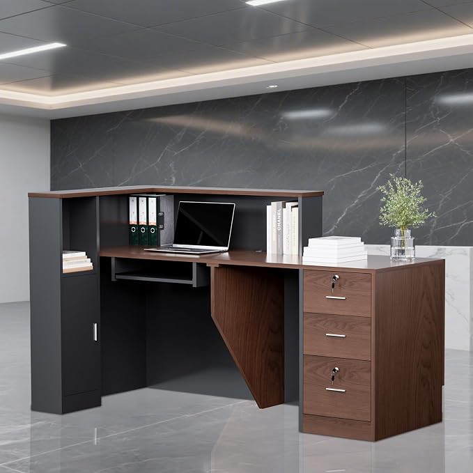 Ceridwen L-Shaped Large Wooden Reception Desk, Modern Front Desk Reception Counter with Lockable Drawers, Storage & Keyboard Tray for Office Lobby Checkout (Left-Brown + Black, 71''L x 34''W x 41''H)