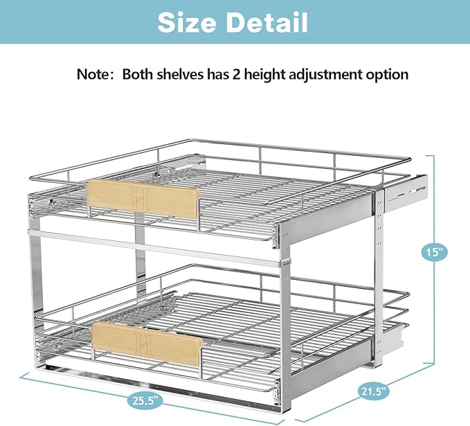 LOVMOR 2 Tier Pull Out Cabinet Organizer 25½" W x 21½" D, Slide Out Drawers with Wooden Handle, Sliding Shelves Organization and Storage for Kitchen, Pantry