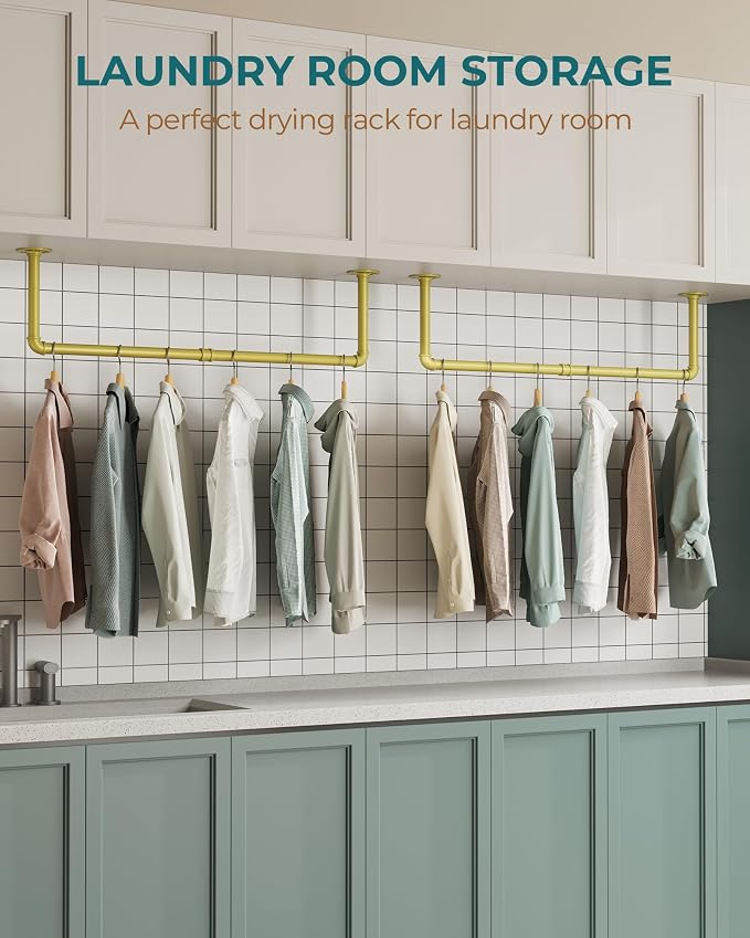 OROPY 38.4" Industrial Pipe Clothes Rack Wall Mounted, Heavy Duty, 2 Pack | Heavy Duty Iron Pipe Clothing Garment Rail, Multi-Purpose Clothing Hanging Rod for Laundry Room and Closet Storage, Gold