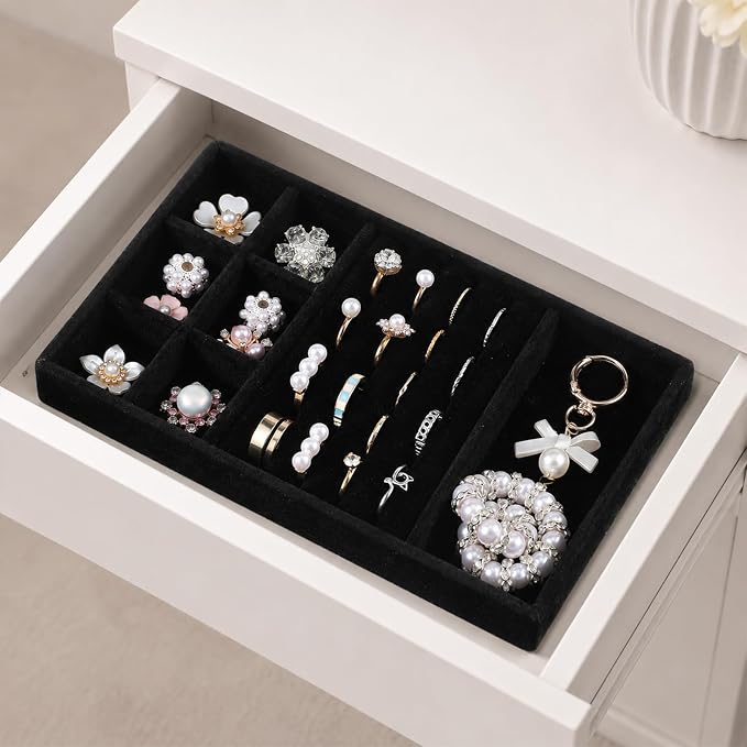 Jewelry Drawer Organizer Inserts Black Velvet Jewelry Tray Stackable Insert | Jewelry-Organizers and Storage for Drawers Drawer Inserts Earring Organizer for Women Storage Display Rings Stud Necklaces