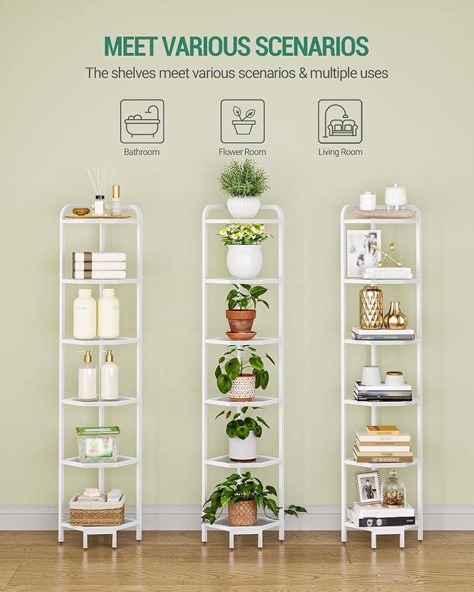 Hzuaneri Corner Shelf Stand,6-Tier Glass Bookshelf Bookcase, Bathroom Organizer, Plant Stand, Steel Frame, Tempered Glass, Modern Style for Living Room, Bathroom, Kitchen, White CS90613W
