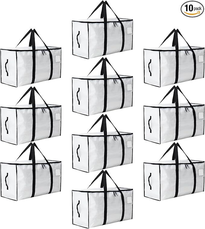 Moving Bags Heavy Duty Extra Large, Moving Boxes, Moving Supplies Essentials, Blue Storage Bins with Lids, Plastic Packing Totes, Storage Bags for Clothes with Handles & Zippers(White, 10 Pack)