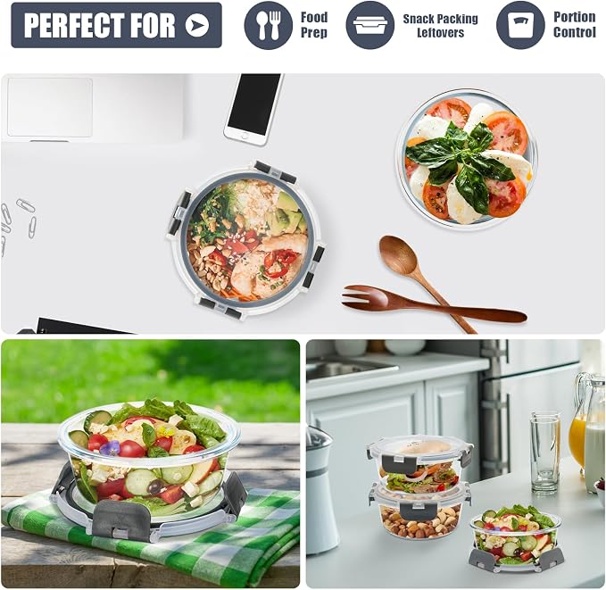 6 Pack, 21oz Round Glass Food Storage Containers with Airtight Lids, Grey | Portion Control Containers Set, Ideal for Meal Prep, Leftovers, Freezer to Microwave Safe