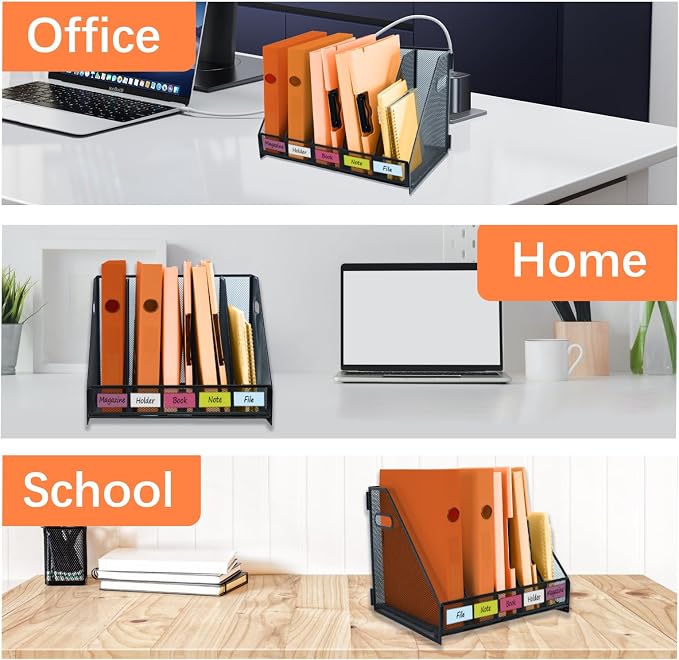 Magazine file holder for desk with 5 Vertical Compartments Folder Storage Binder Organizer for Office Home School Organization, Black