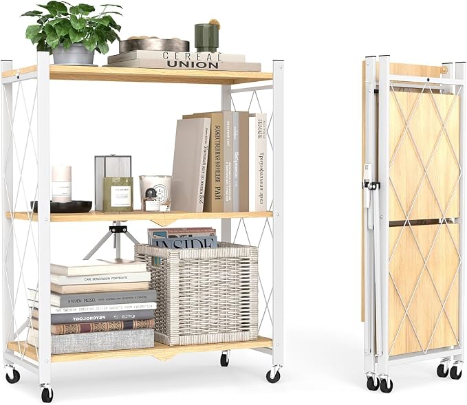 black leopard 3-Tier Foldable Shelf with Wheels, Wood-Grain Steel Shelves | Pre-assembled frame unfolds in seconds with tool-free wheel setup for fast, convenient use.