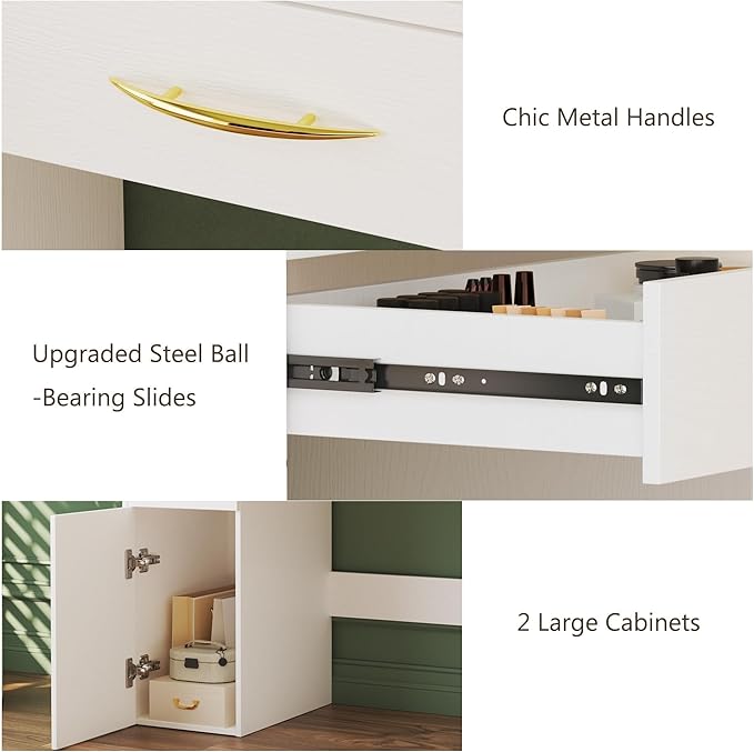 ALEXNUTRE 45.5" Vanity Desk with Mirror and Lights, Makeup Vanity with Lights 3 Models Settings & Power Outlet, Vanity Desk with 5 Drawers, 2 Cabinets, Shelves, Makeup Vanity for Bedroom, White