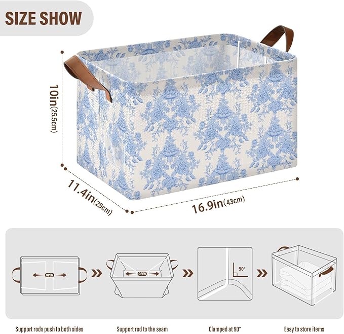 Blue Beige French FloralStorage Bins for Shelves with Labels&Handles Fabric Organizer Bin Foldable Rectangle Storage Basket Boxes for Closet, Bathroom, Home, Living Room, 2 Pack