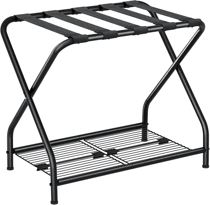 1-Piece Foldable Black Luggage Rack Stand with Storage Shelf – Heavy Duty Metal Suitcase Holder, 150 lbs Top, 50 lbs Bottom, Fits 20”-28” Luggage – Guest Room, Bedroom, Hotel LR-BK-1