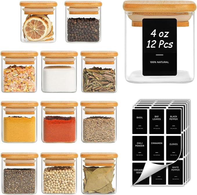ComSaf Glass Spice Jars with Labels 4 oz 12 Pack Small Square Bamboo Lids | Empty Containers, Seasoning Herbs Powders, Salt Pepper Chili, Spice Rack Organization, Kitchen Cabinet Storage, Dry Goods