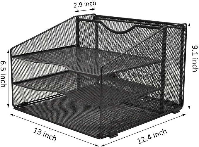 EASEPRES Mesh Desktop File Organizer, Document Mail Desk Folder Holder with 3 Paper Letter Tray and 1 Vertical Upright Compartment for Office Supplies, Desk Accessories & Workspace, Black