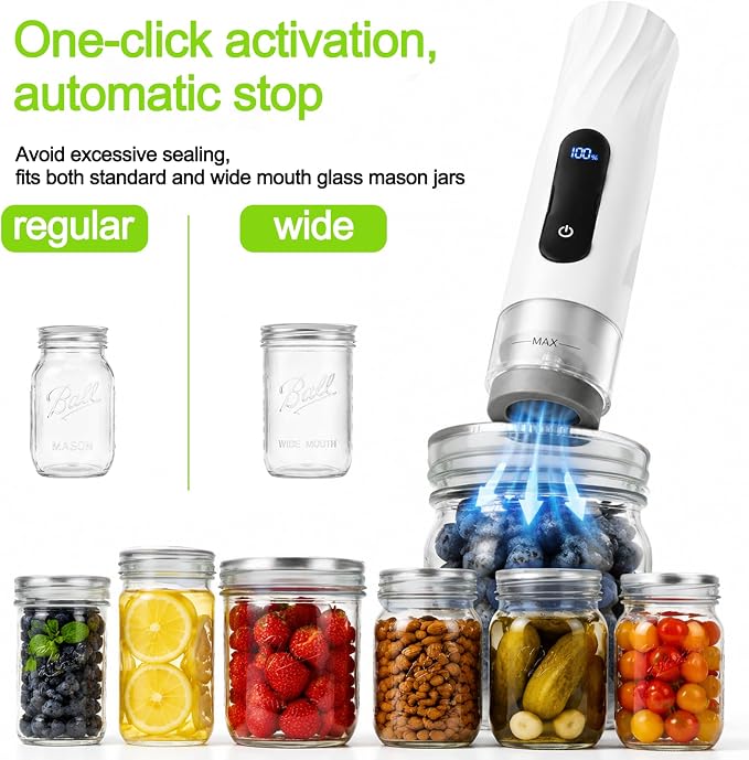 Mason Jar Vacuum Sealer Kit with 2 Sealers, 20 Reusable Lids (Wide & Regular Mouth), Wine Vacuum Stopper & Opener, Food Storage System for Meal Prep, Pantry, Without Mason Jar