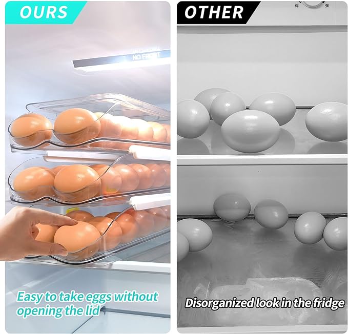 RoskDeewat Egg Holder for Fridge, Automatic Rolling Egg Container for Refrigerator, Stackable Fridge Organizers and Storage with Lid, Clear Plastic Egg Dispenser,Bin & Tray (1 Tier)