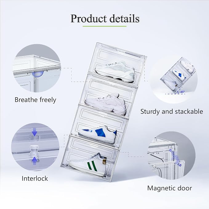 XL Shoe Storage Box,8 Pack Drop Side Shoe Boxes Clear Plastic Stackable,Sneaker Display Case with Magnetic Door Fit up to US 13（13.4”x 10.6”x 8.3”(8 Pack Clear)