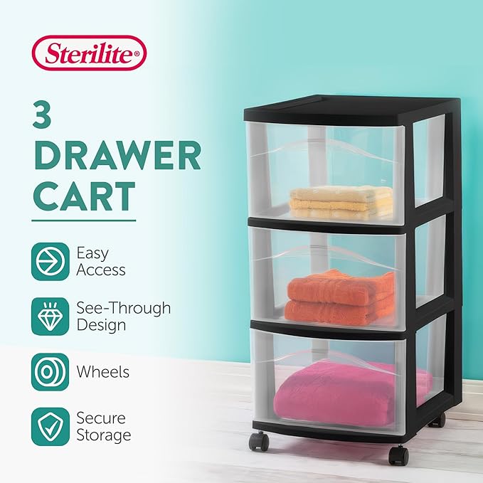 Sterilite 8 Pack 3 Drawer Storage Cart, Plastic Medium Organizer with Wheels, Black - Multipurpose Bin for Crafts, Accessories, or Office Supplies